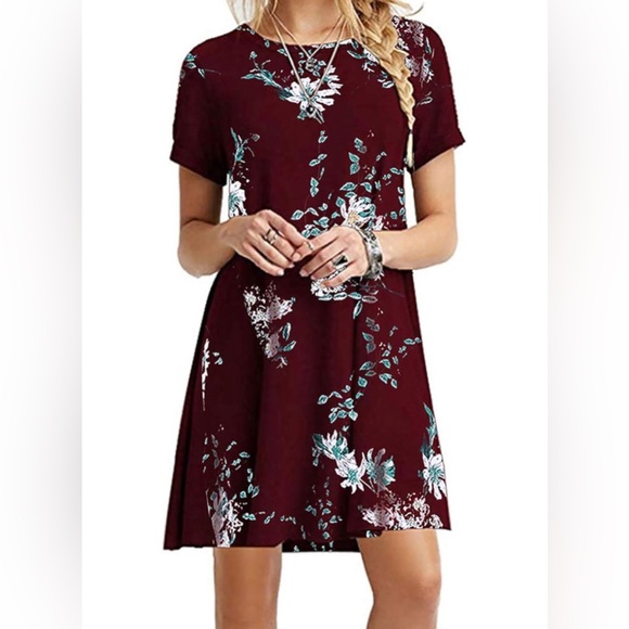 Dresses & Skirts - NEW Womens Short Sleeve Summer Floral T-shirt Dress Floral Wine